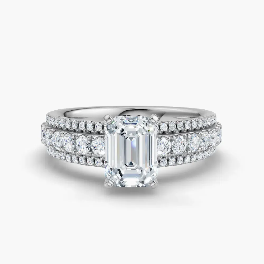 Certified 1 carat Lab Grown Diamond Emerald Cut Pavé Engagement Ring in Platinum-Riven