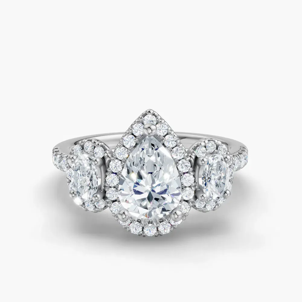 Certified 1 carat Lab Grown Diamond Pear Cut Pavé, Three Stone, Halo Engagement Ring in Platinum-Norell