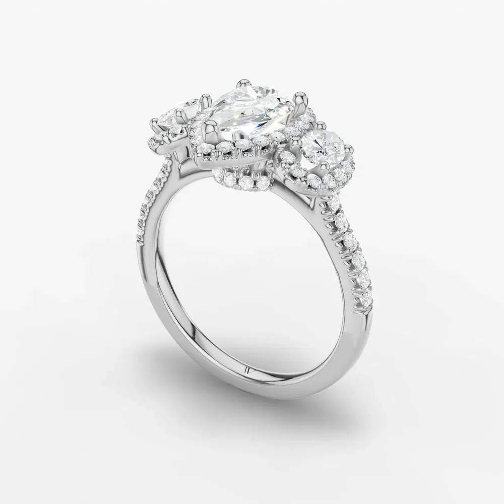 Certified 1 carat Lab Grown Diamond Pear Cut Pavé, Three Stone, Halo Engagement Ring in Platinum-Norell