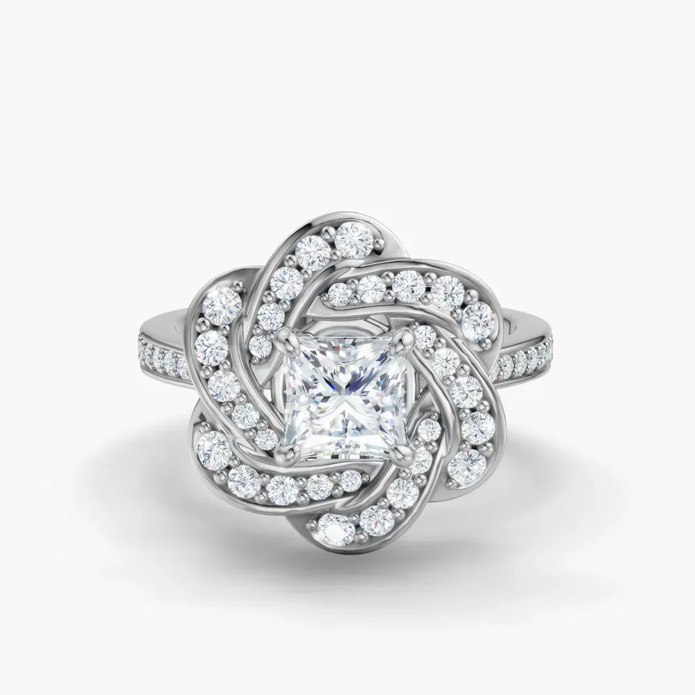 Certified 1 carat Lab Grown Diamond Princess Cut Floral, Nature inspired, Cathedral Engagement Ring in Platinum-Vorina