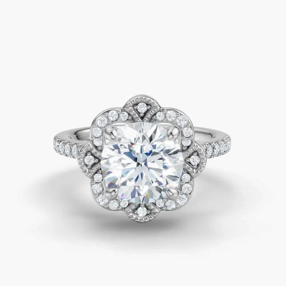 Certified 1 carat Lab Grown Diamond Round Cut Halo, Floral, Vintage Engagement Ring in Platinum-Willow
