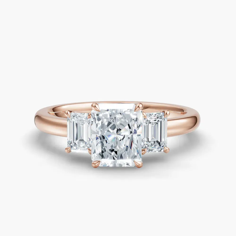 Certified 1 carat Lab Grown Diamond Radiant Cut Three Stone, Side Stone, Low profile Engagement Ring in 14K Rose Gold-Nectarl
