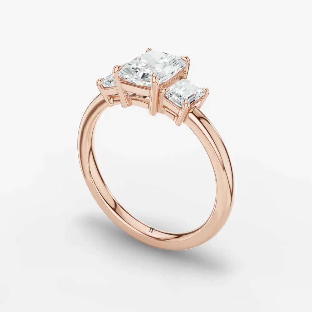 Certified 1 carat Lab Grown Diamond Radiant Cut Three Stone, Side Stone, Low profile Engagement Ring in 14K Rose Gold-Nectarl