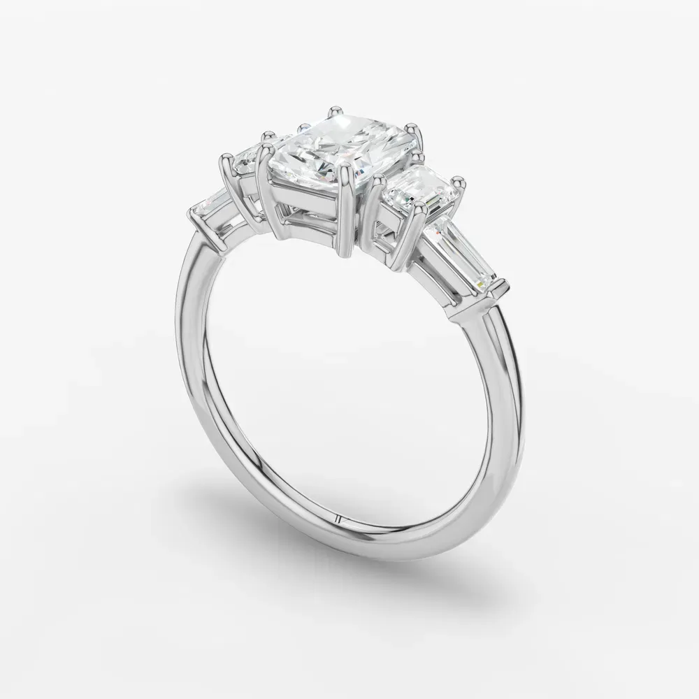 Certified 1 carat Lab Grown Diamond Radiant Cut Five Stone, Baguette, Art Deco Engagement Ring in 14K White Gold-Olume