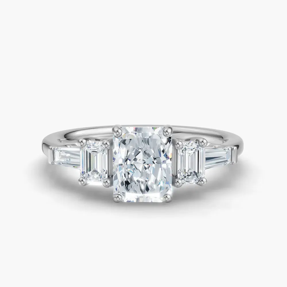Certified 1 carat Lab Grown Diamond Radiant Cut Five Stone, Baguette, Art Deco Engagement Ring in 14K White Gold-Olume