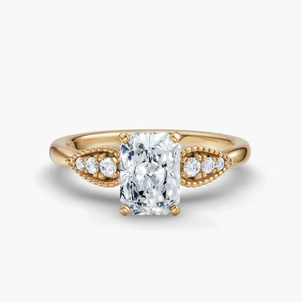 Certified 1 carat Lab Grown Diamond Radiant Cut Milgrain, Vintage, Side Stone Engagement Ring in 14K Yellow Gold-Yerlin