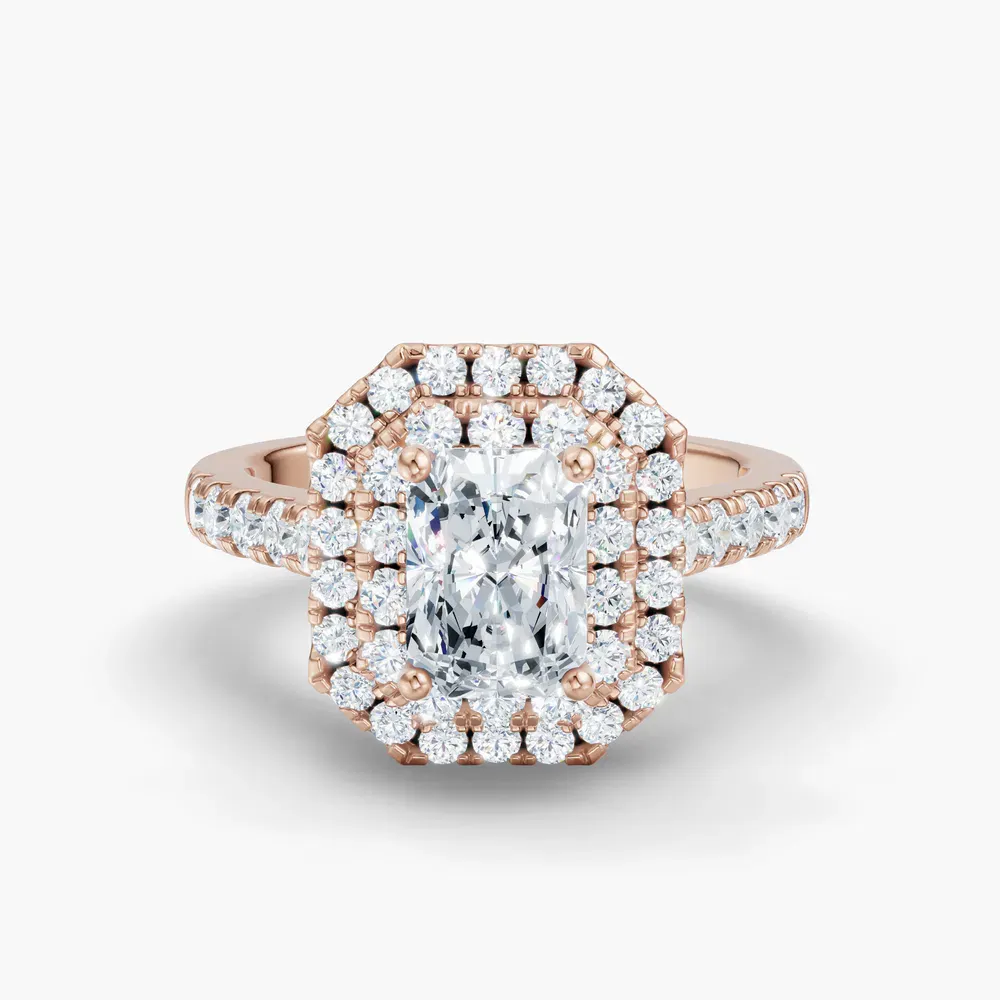 Certified 1 carat Lab Grown Diamond Radiant Cut Halo, Pavé, Double halo Engagement Ring in 14K Rose Gold-Brexa