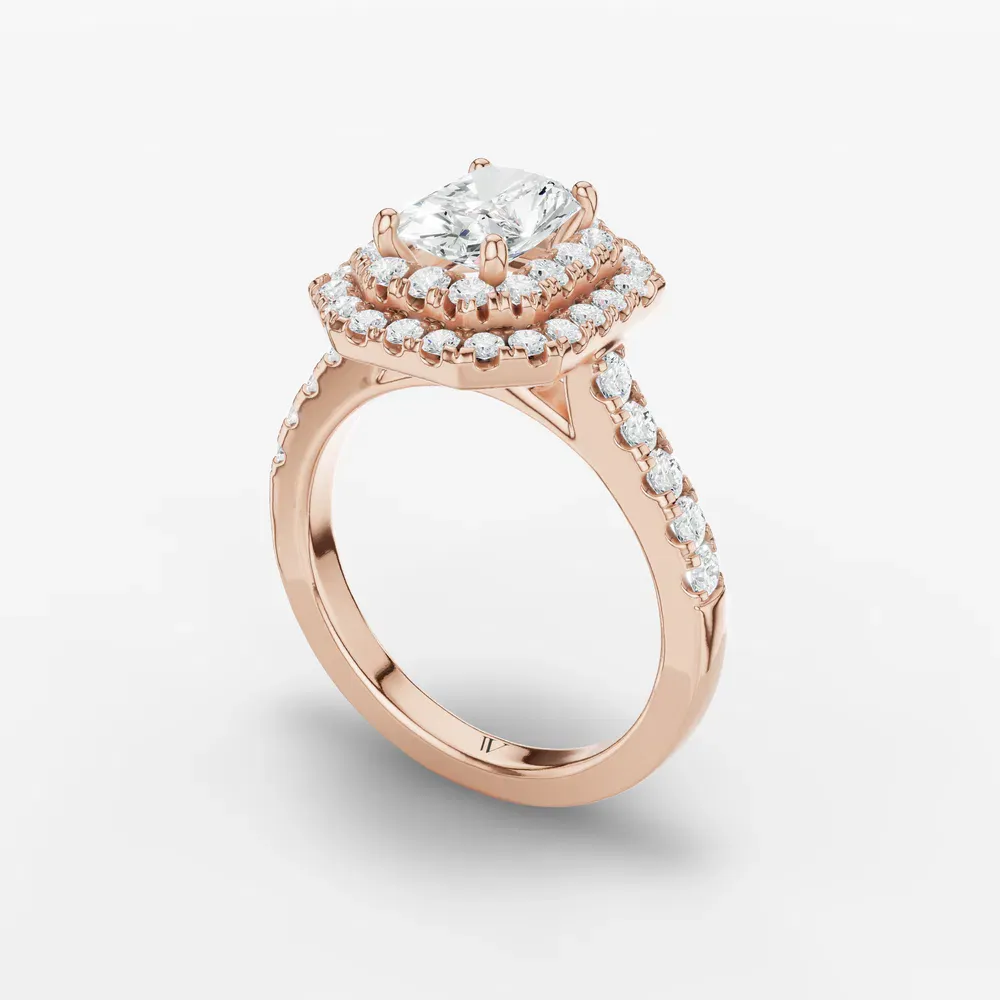 Certified 1 carat Lab Grown Diamond Radiant Cut Halo, Pavé, Double halo Engagement Ring in 14K Rose Gold-Brexa