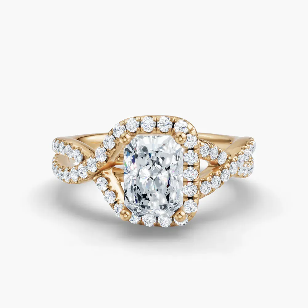 Certified 1 carat Lab Grown Diamond Radiant Cut Unique, Pavé, Halo Engagement Ring in 14K Yellow Gold-Stellune