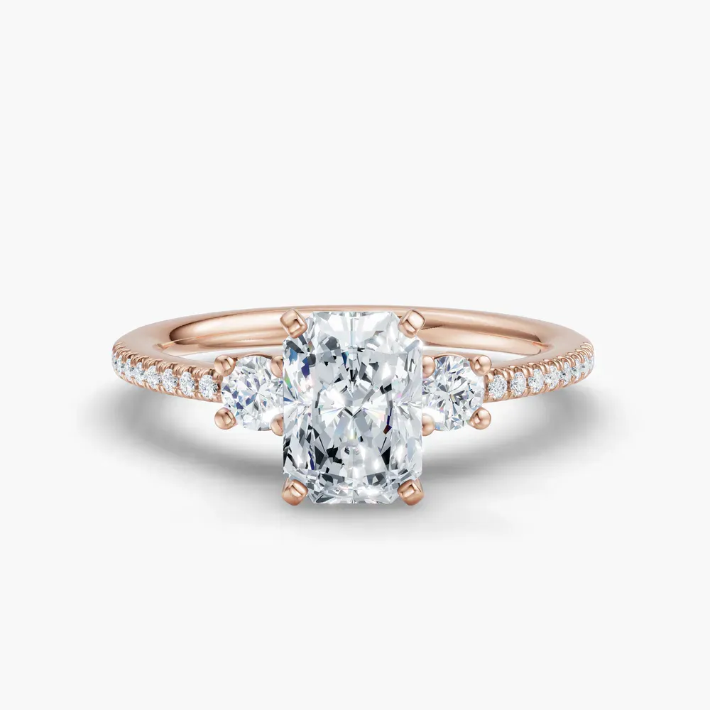 Certified 1 carat Lab Grown Diamond Radiant Cut Three Stone, Pavé, Side Stone Engagement Ring in 14K Rose Gold-Vynix