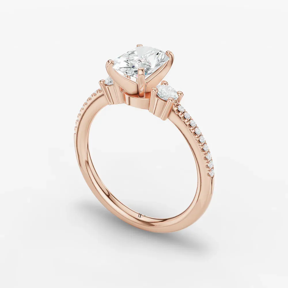 Certified 1 carat Lab Grown Diamond Radiant Cut Three Stone, Pavé, Side Stone Engagement Ring in 14K Rose Gold-Vynix