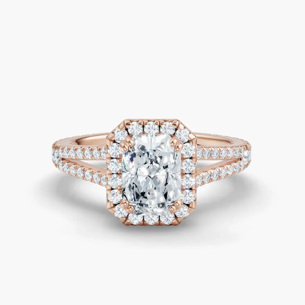 Certified 1 carat Lab Grown Diamond Radiant Cut Pavé, Halo, Cathedral Engagement Ring in 14K Rose Gold-Gexis