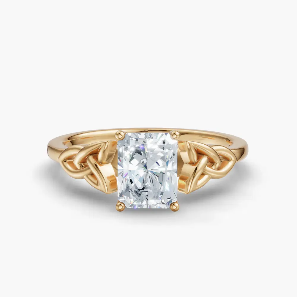 Certified 1 carat Lab Grown Diamond Radiant Cut Solitaire, Cathedral, Celtic Engagement Ring in 14K Yellow Gold-Vire