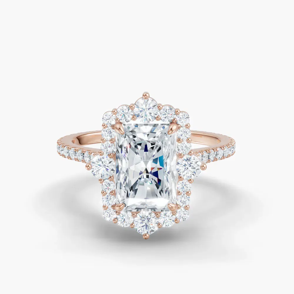 Certified 1 carat Lab Grown Diamond Radiant Cut Hidden Halo, Halo, Cathedral Engagement Ring in 14K Rose Gold-Cylen