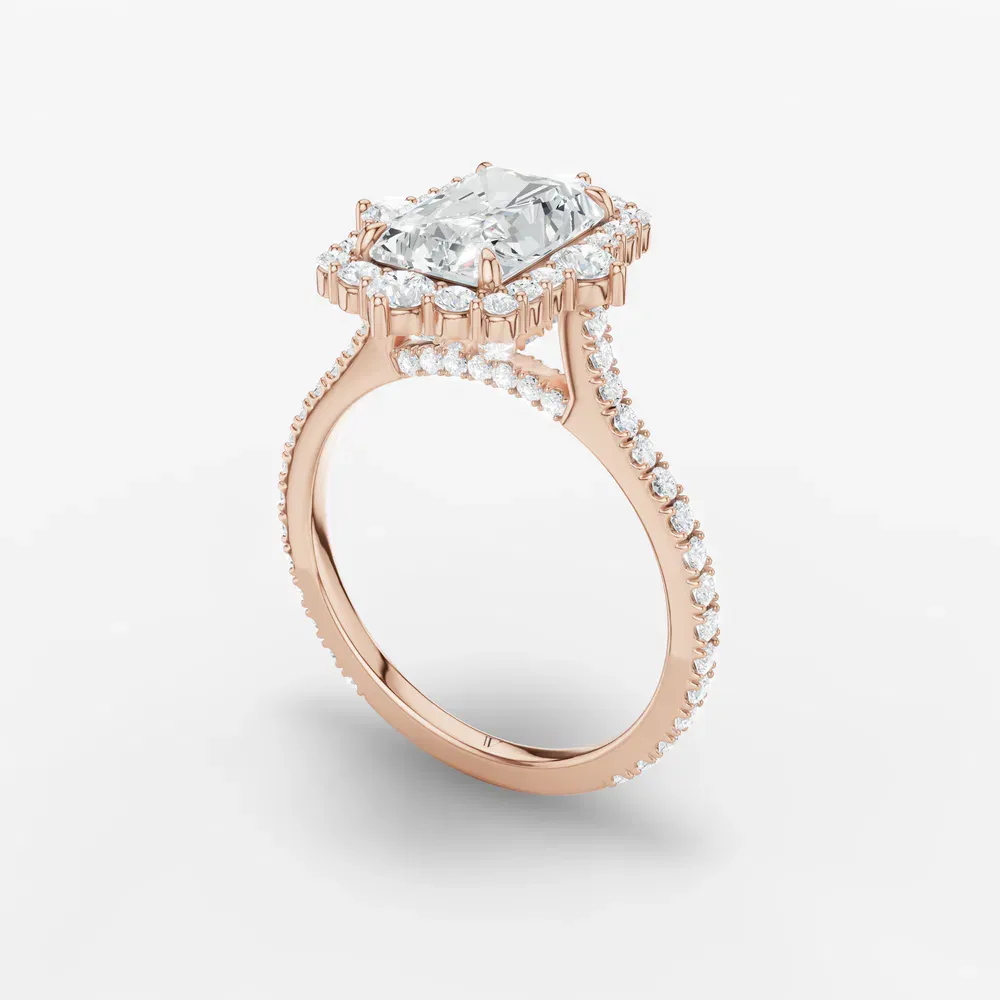 Certified 1 carat Lab Grown Diamond Radiant Cut Hidden Halo, Halo, Cathedral Engagement Ring in 14K Rose Gold-Cylen