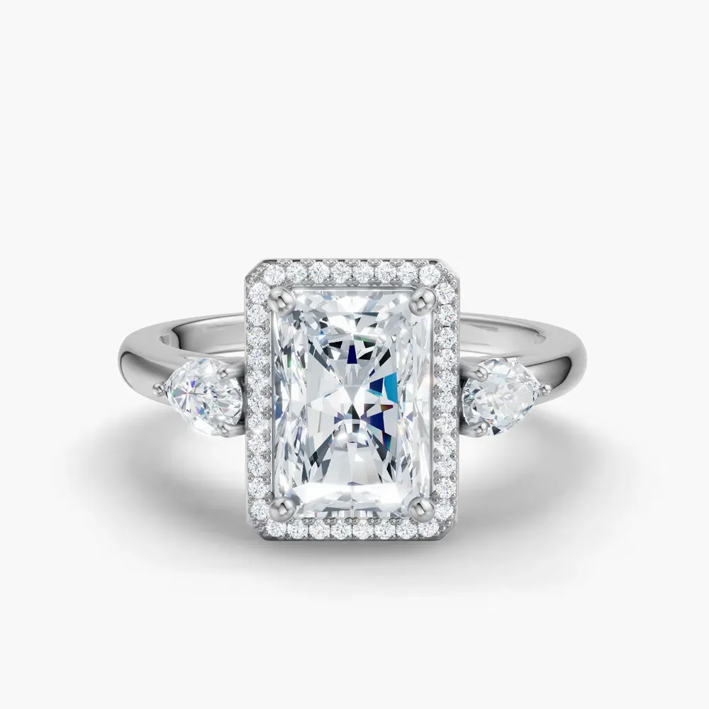 Certified 1 carat Lab Grown Diamond Radiant Cut Halo, Cathedral, Three Stone Engagement Ring in 14K White Gold-Daren