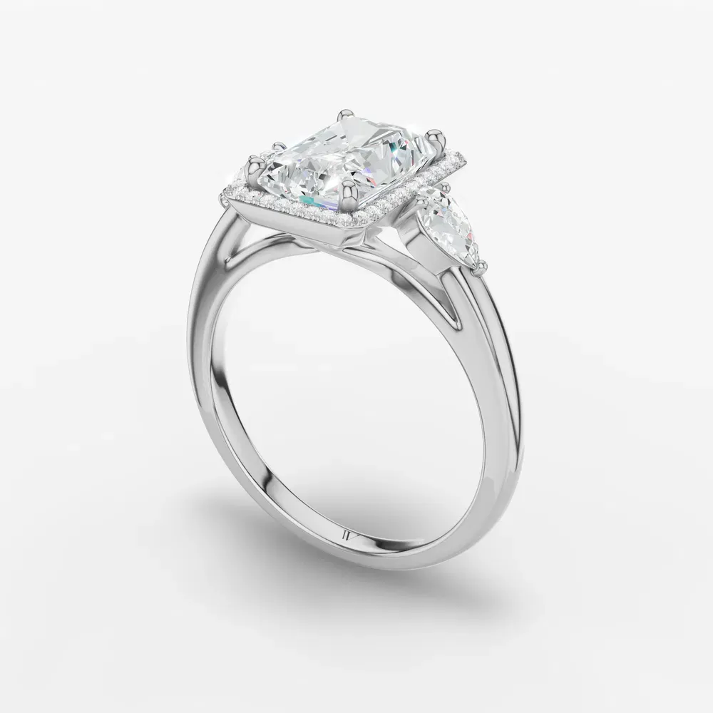 Certified 1 carat Lab Grown Diamond Radiant Cut Halo, Cathedral, Three Stone Engagement Ring in 14K White Gold-Daren