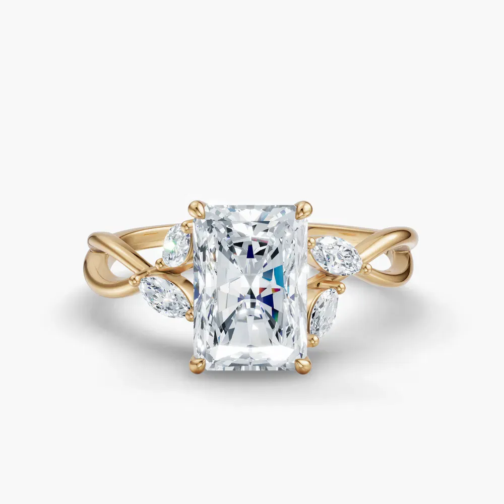 Certified 1 carat Lab Grown Diamond Radiant Cut Twist, Split Shank, Side Stone Engagement Ring in 14K Yellow Gold-Mena