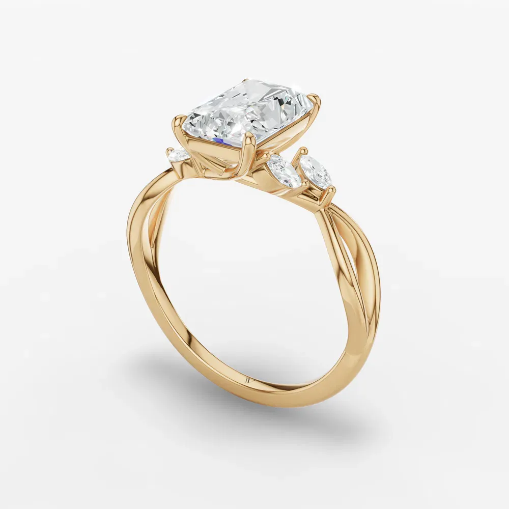 Certified 1 carat Lab Grown Diamond Radiant Cut Twist, Split Shank, Side Stone Engagement Ring in 14K Yellow Gold-Mena