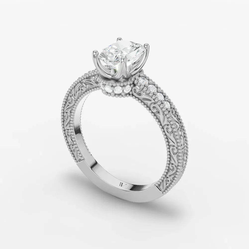 Certified 1 carat Lab Grown Diamond Radiant Cut Vintage, Milgrain, Side Stone Engagement Ring in 14K White Gold-Meren