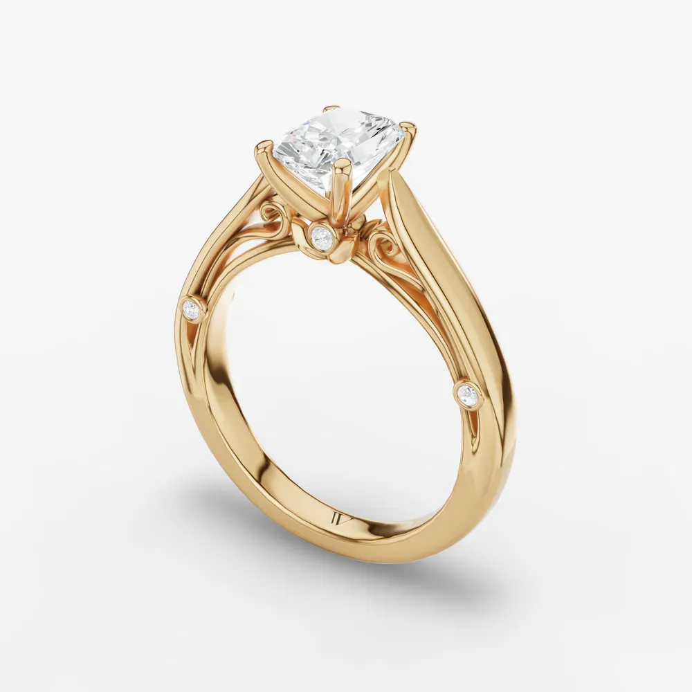 Certified 1 carat Lab Grown Diamond Radiant Cut Cathedral, Nature inspired, Solitaire Engagement Ring in 14K Yellow Gold-Saelor