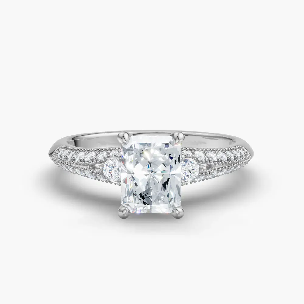 Certified 1 carat Lab Grown Diamond Radiant Cut Milgrain, Three Stone, Pavé Engagement Ring in 14K White Gold-Avery