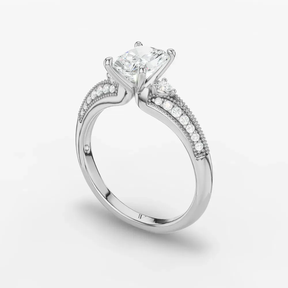 Certified 1 carat Lab Grown Diamond Radiant Cut Milgrain, Three Stone, Pavé Engagement Ring in 14K White Gold-Avery