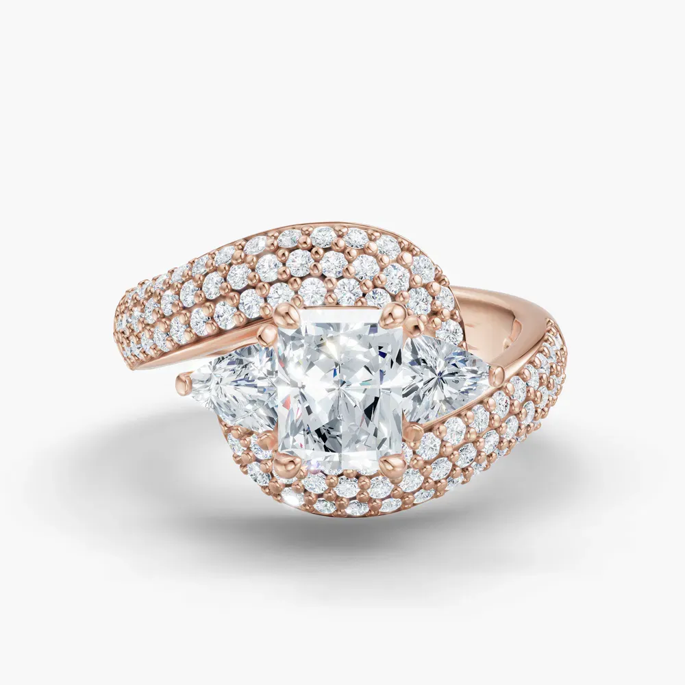 Certified 1 carat Lab Grown Diamond Radiant Cut Three Stone, Pavé, Side Stone Engagement Ring in 14K Rose Gold-Serene