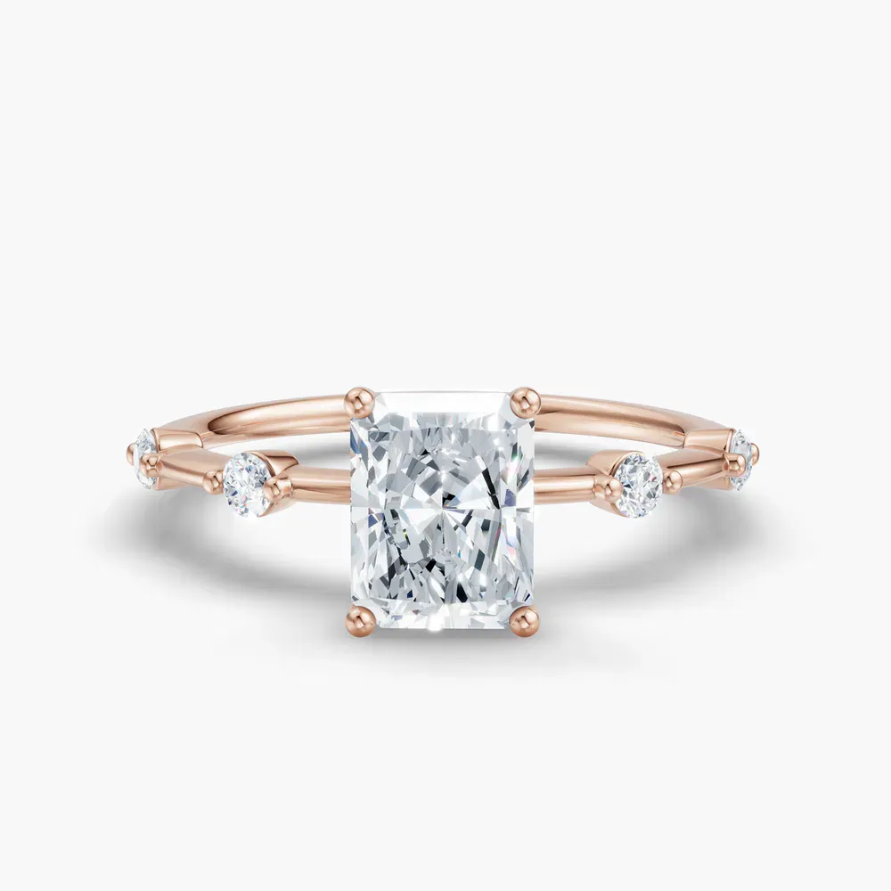 Certified 1 carat Lab Grown Diamond Radiant Cut Low profile, Side Stone Engagement Ring in 18K Rose Gold-Hriw