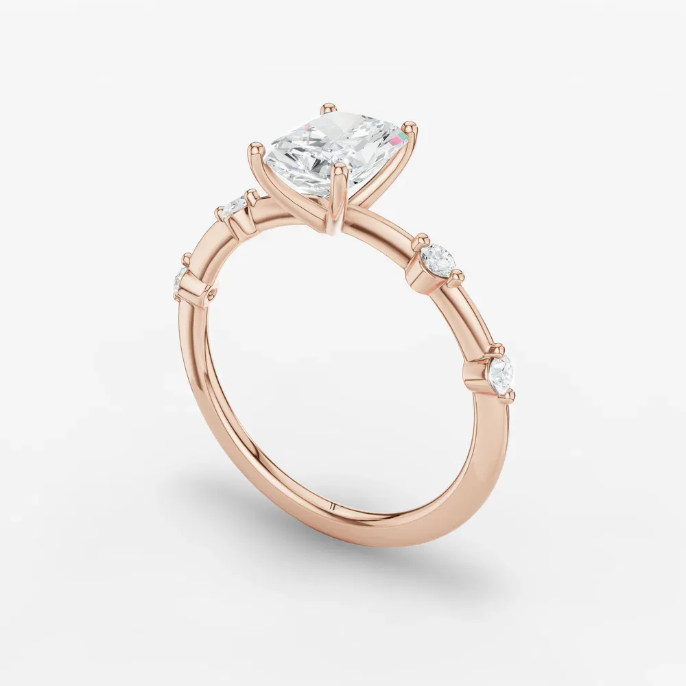 Certified 1 carat Lab Grown Diamond Radiant Cut Low profile, Side Stone Engagement Ring in 18K Rose Gold-Hriw