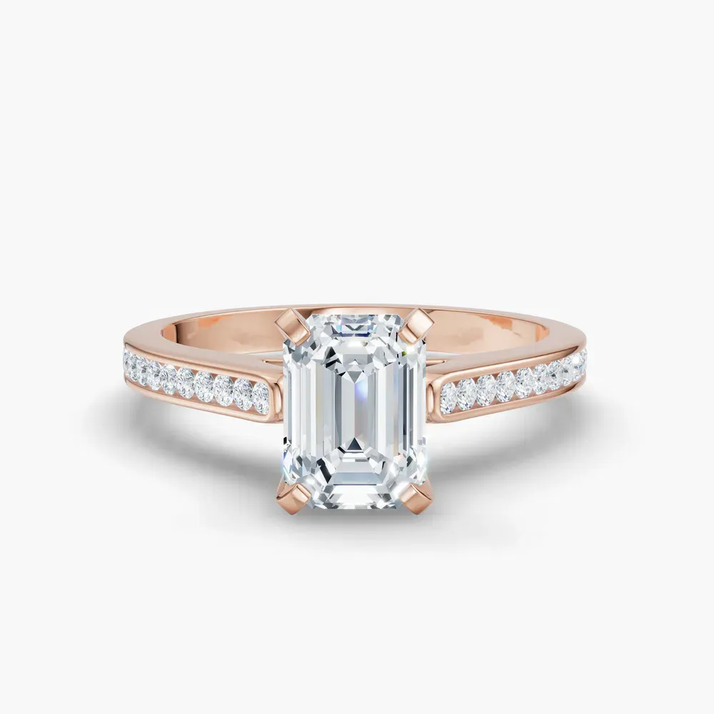 Certified 1 carat Lab Grown Diamond Emerald Cut Cathedral, Channel Set Engagement Ring in 18K Rose Gold-Velora