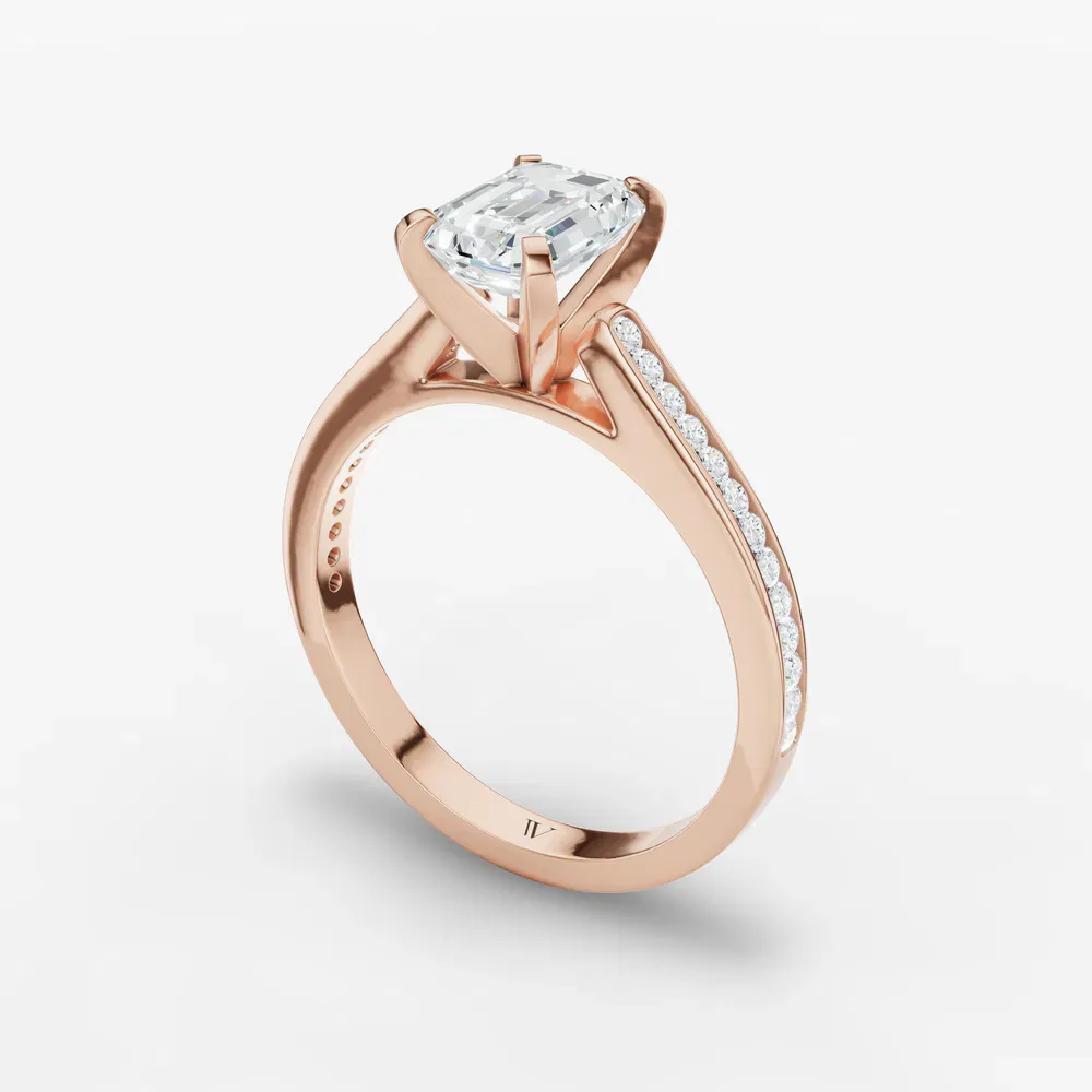 Certified 1 carat Lab Grown Diamond Emerald Cut Cathedral, Channel Set Engagement Ring in 18K Rose Gold-Velora