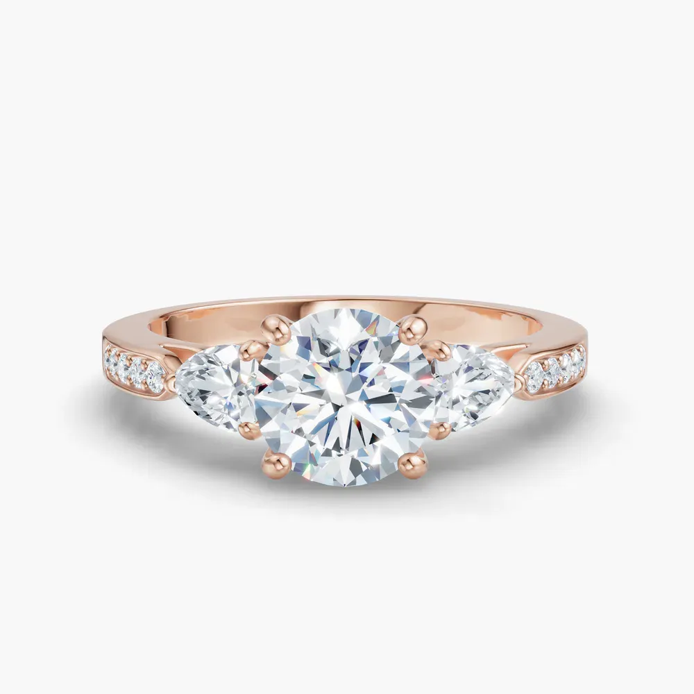 Certified 1 carat Lab Grown Diamond Round Cut Three Stone, Pavé, Four Prong Engagement Ring in 14K Rose Gold-Zevd