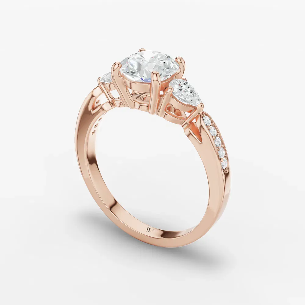 Certified 1 carat Lab Grown Diamond Round Cut Three Stone, Pavé, Four Prong Engagement Ring in 14K Rose Gold-Zevd