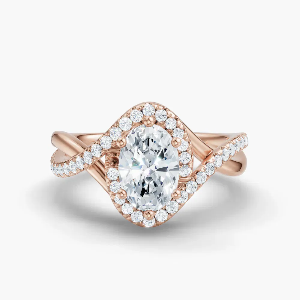 Certified 1 carat Lab Grown Diamond Oval Cut Halo, Pavé, Twist Engagement Ring in 18K Rose Gold-Dell
