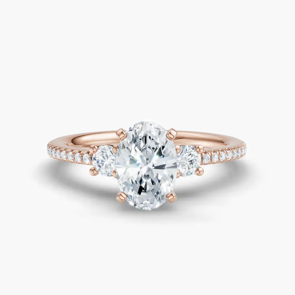 Certified 1 carat Lab Grown Diamond Oval Cut Three Stone, Pavé, Side Stone Engagement Ring in 18K Rose Gold-Vynix