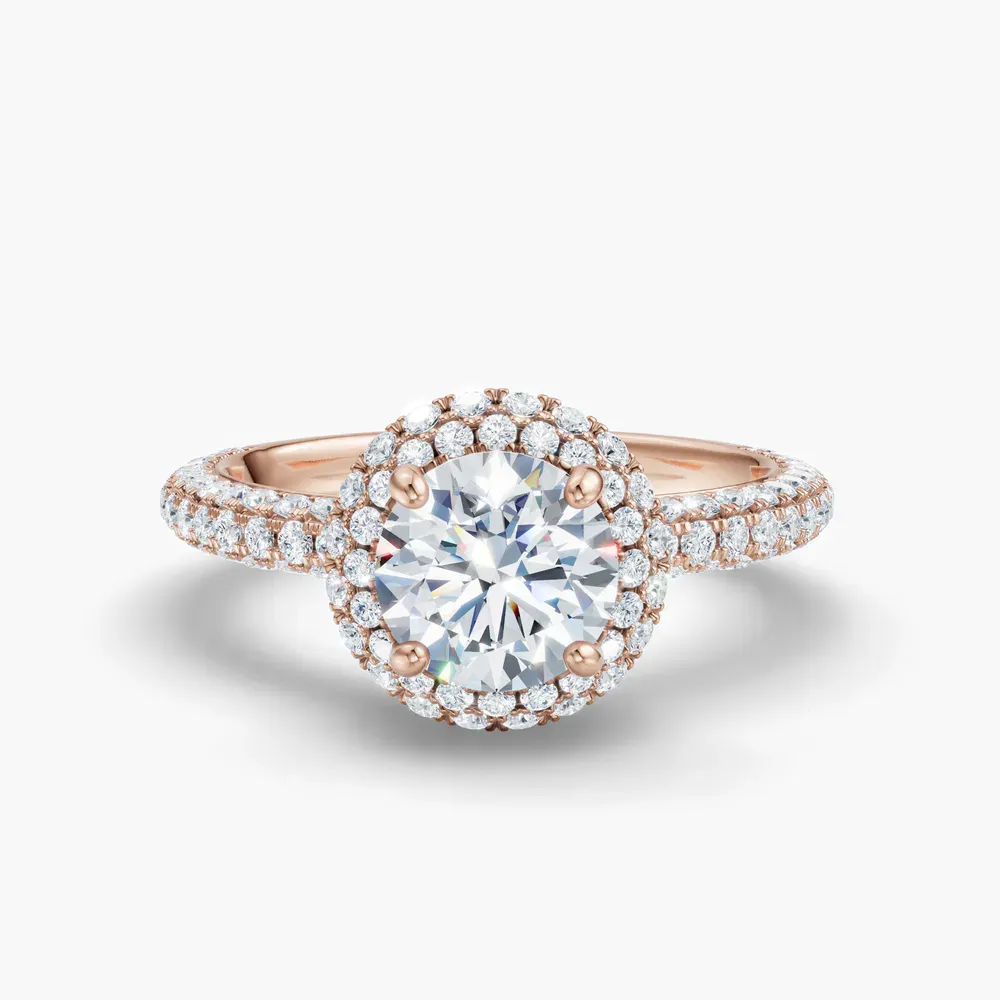 Certified 1 carat Lab Grown Diamond Round Cut Pavé, Halo, Hidden Halo Engagement Ring in 14K Rose Gold-Brym