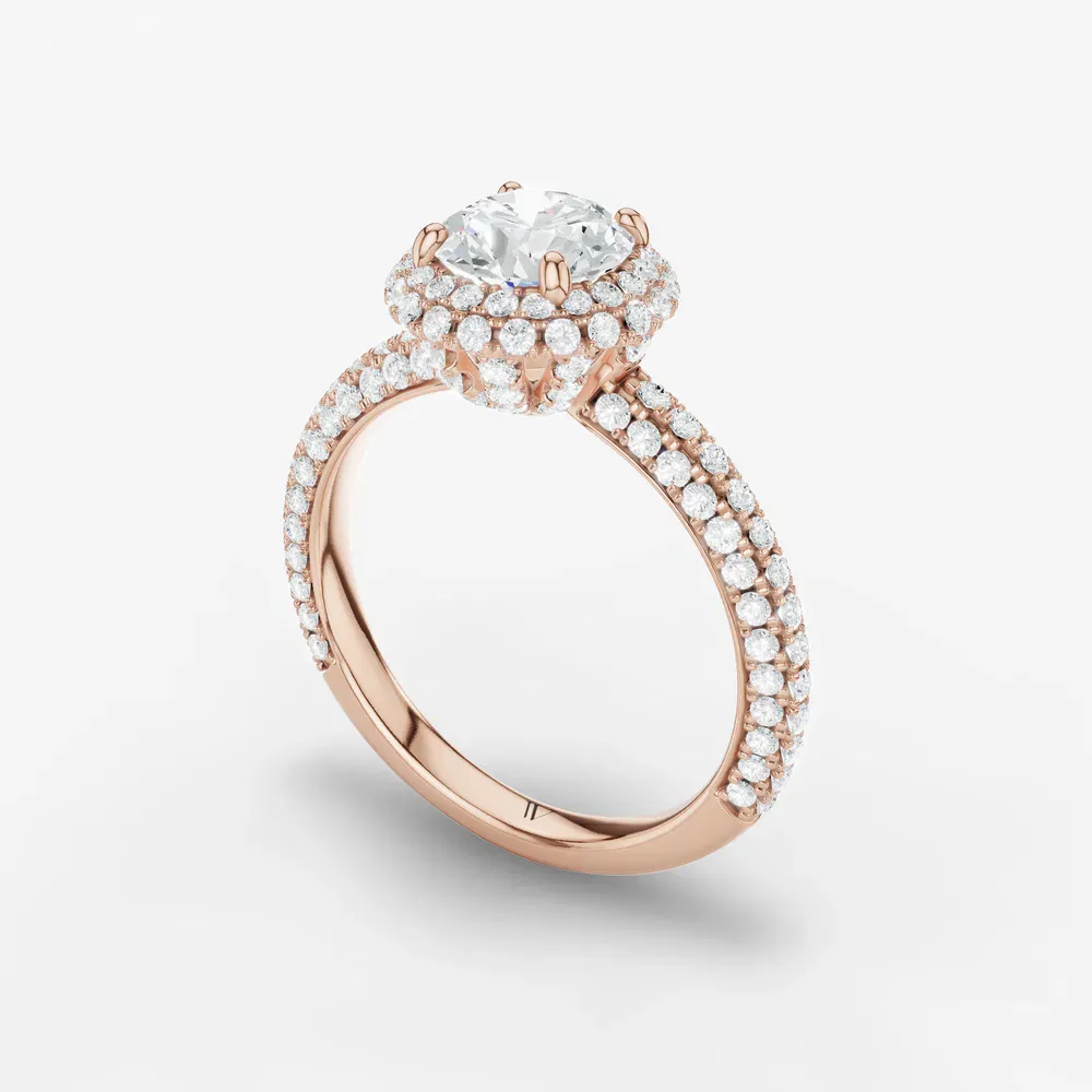 Certified 1 carat Lab Grown Diamond Round Cut Pavé, Halo, Hidden Halo Engagement Ring in 14K Rose Gold-Brym