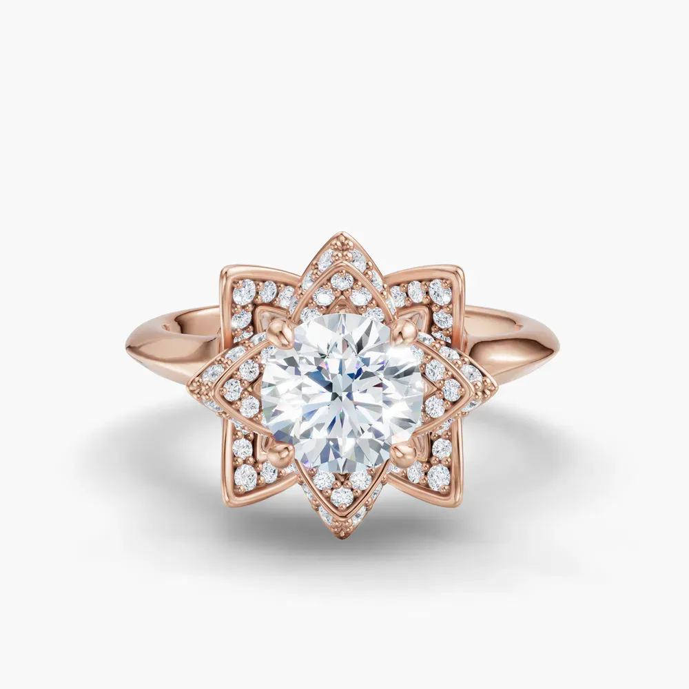 Certified 1 carat Lab Grown Diamond Round Cut Floral, Pavé, Nature inspired Engagement Ring in 14K Rose Gold-Marova