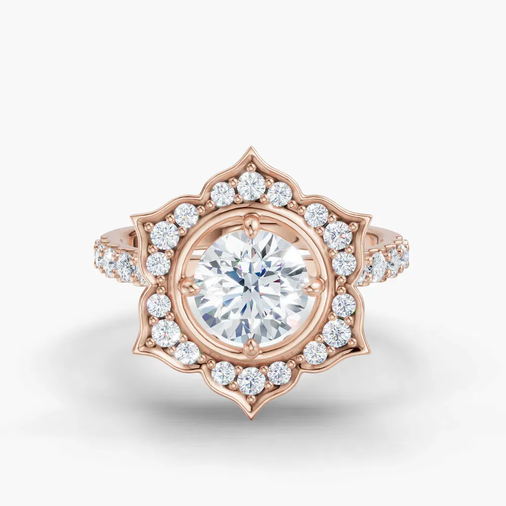 Certified 1 carat Lab Grown Diamond Round Cut Floral, Halo, Four Prong Engagement Ring in 18K Rose Gold-Dew
