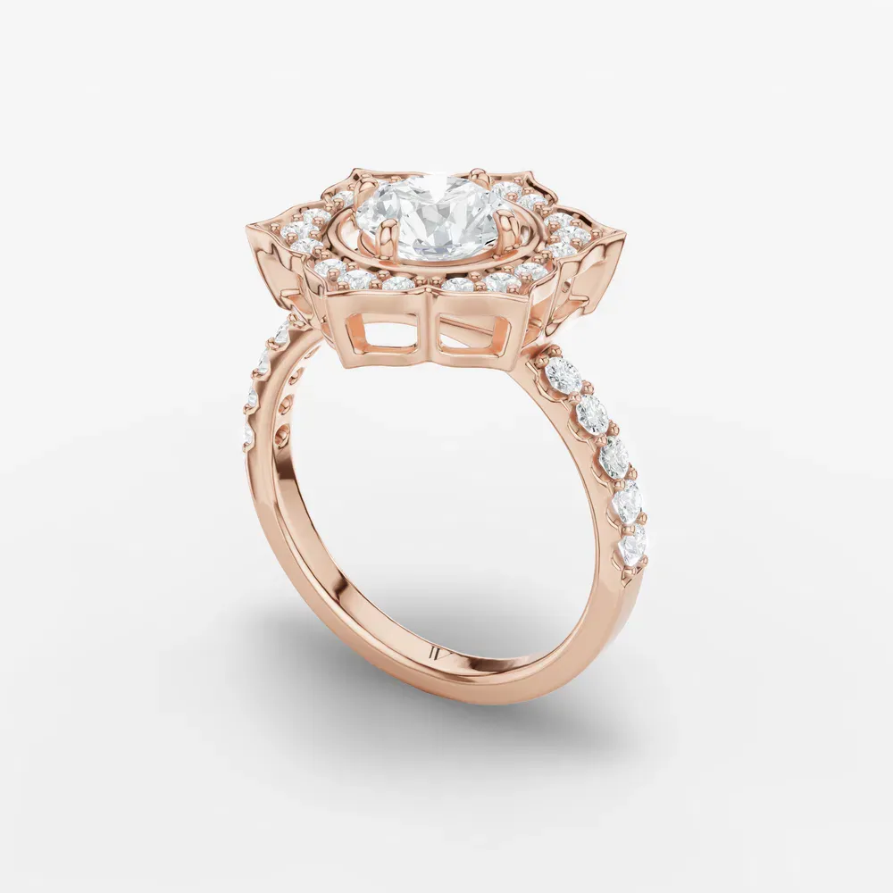 Certified 1 carat Lab Grown Diamond Round Cut Floral, Halo, Four Prong Engagement Ring in 18K Rose Gold-Dew
