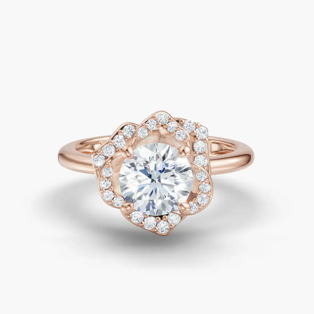 Certified 1 carat Lab Grown Diamond Round Cut Floral, Halo, Four Prong Engagement Ring in 18K Rose Gold-Brook