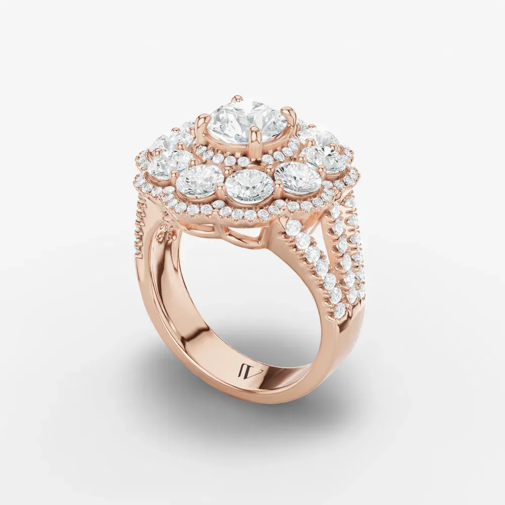 Certified 1 carat Lab Grown Diamond Round Cut Floral, Cluster, Split Shank Engagement Ring in 14K Rose Gold-Moss