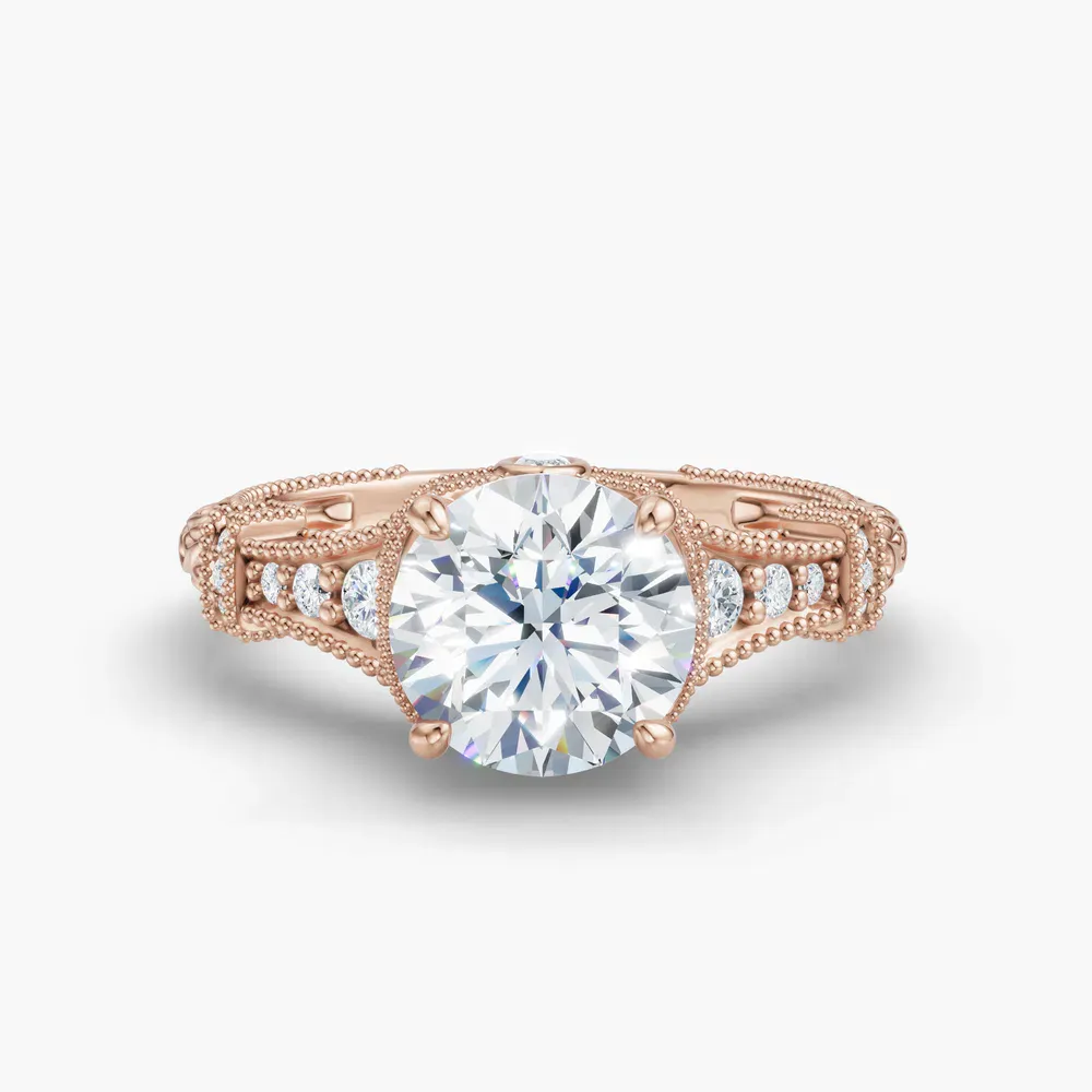 Certified 1 carat Lab Grown Diamond Round Cut Vintage, Hidden Halo, Nature inspired Engagement Ring in 14K Rose Gold-Whisper