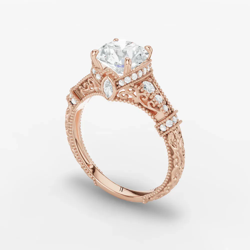 Certified 1 carat Lab Grown Diamond Round Cut Vintage, Hidden Halo, Nature inspired Engagement Ring in 14K Rose Gold-Whisper