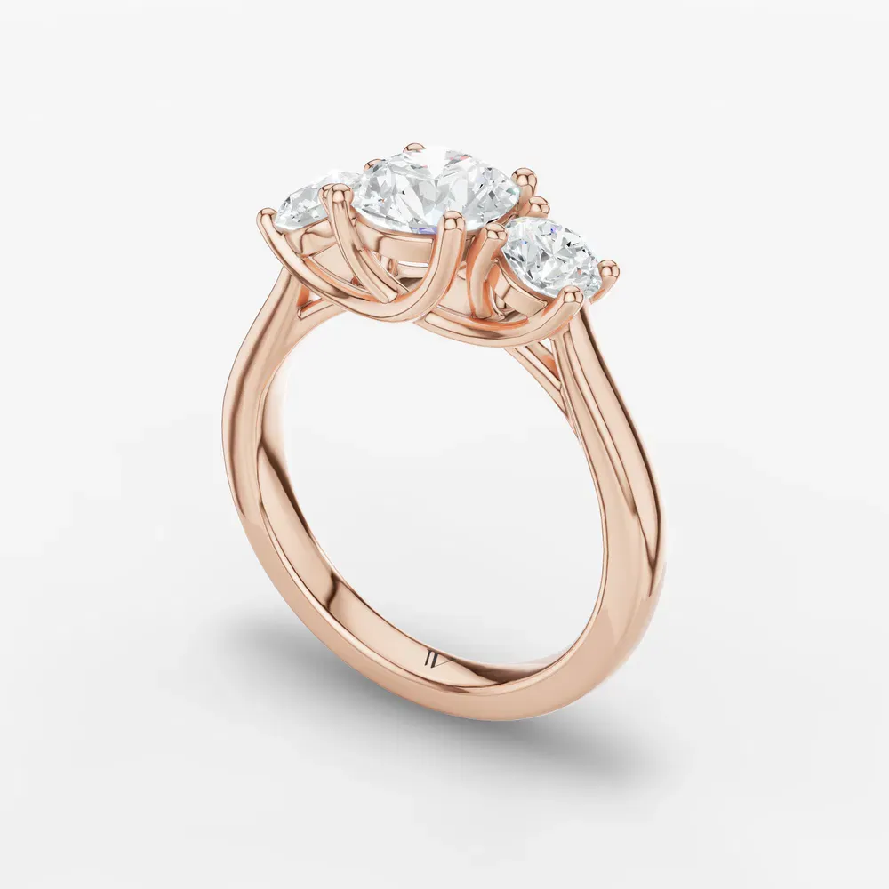 Certified 1 carat Lab Grown Diamond Round Cut Three Stone, Side Stone, Four Prong Engagement Ring in 14K Rose Gold-Valeri