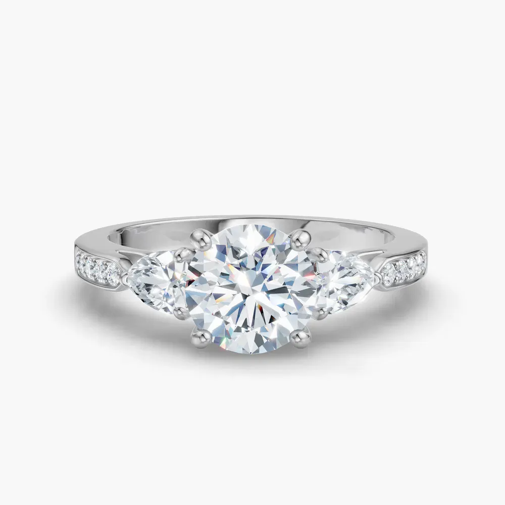 Certified 1 carat Lab Grown Diamond Round Cut Three Stone, Pavé, Four Prong Engagement Ring in 14K White Gold-Zevd