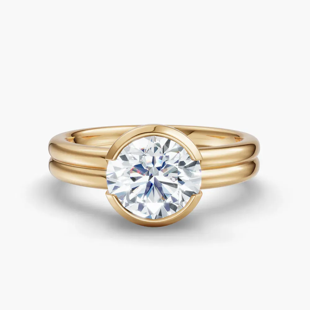Certified 1 carat Lab Grown Diamond Round Cut Solitaire, Bezel, Modern Engagement Ring in 14K Yellow Gold-Sena