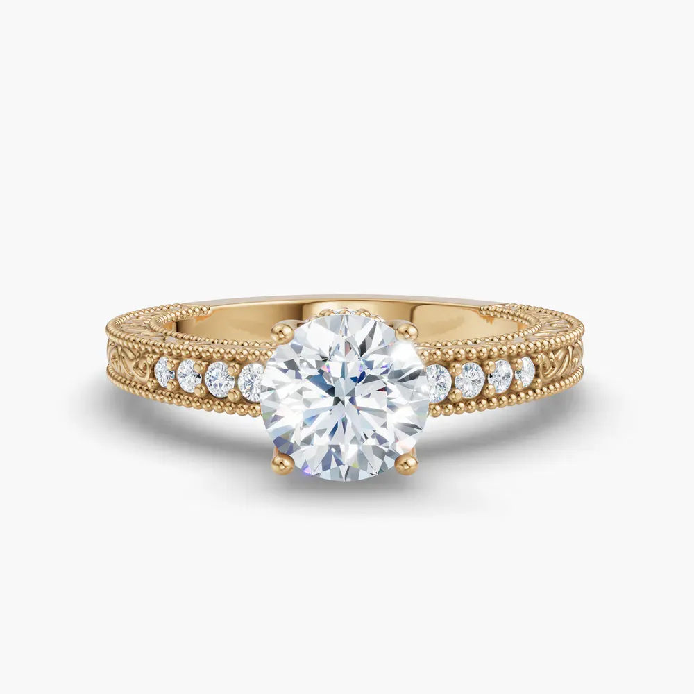 Certified 1 carat Lab Grown Diamond Round Cut Vintage, Milgrain, Side Stone Engagement Ring in 14K Yellow Gold-Meren