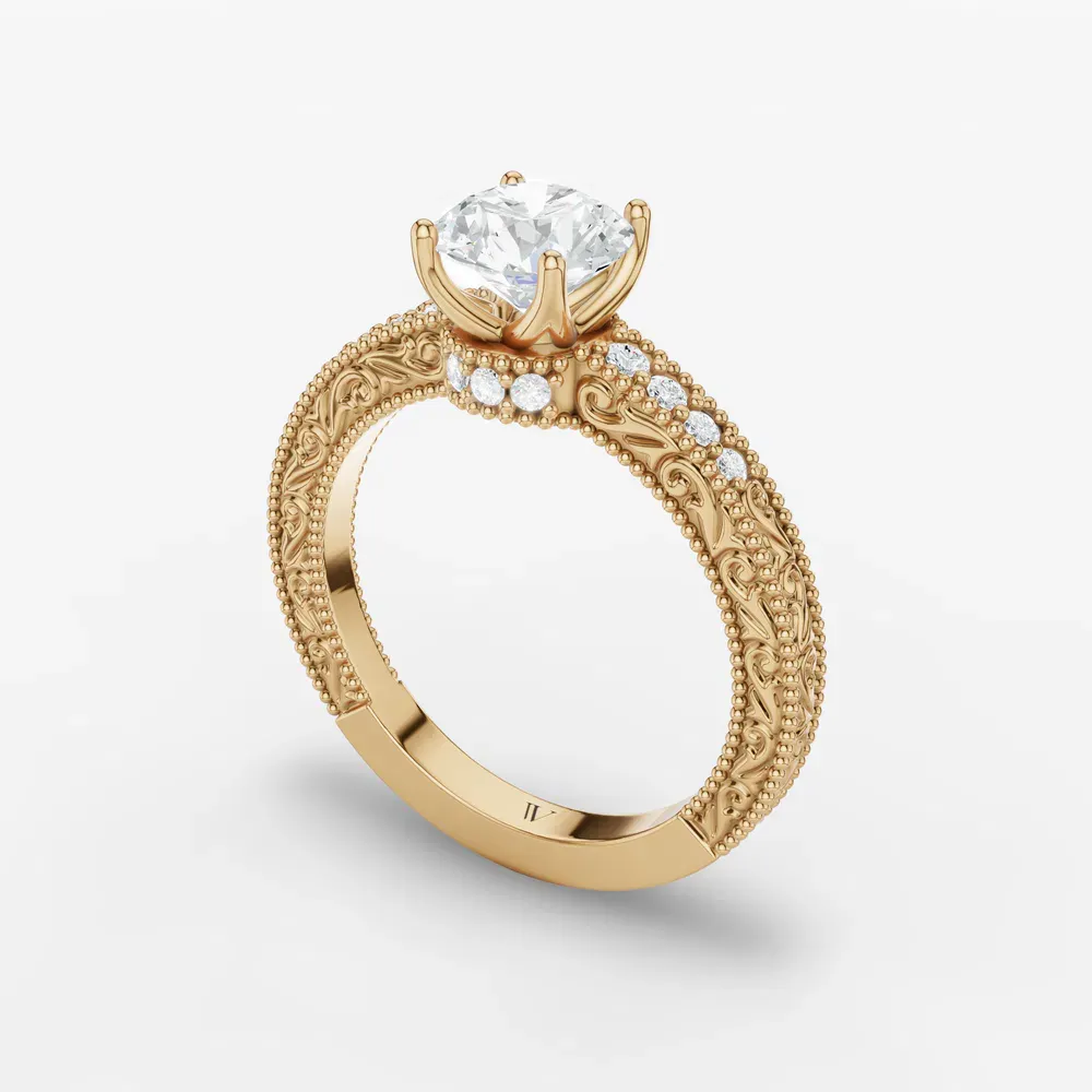Certified 1 carat Lab Grown Diamond Round Cut Vintage, Milgrain, Side Stone Engagement Ring in 14K Yellow Gold-Meren